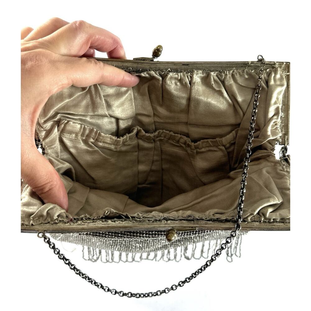 Antique Art Deco Silver Tone Mesh Evening Purse Beaded Fringe Chain Handle 1920s - Picture 9 of 11